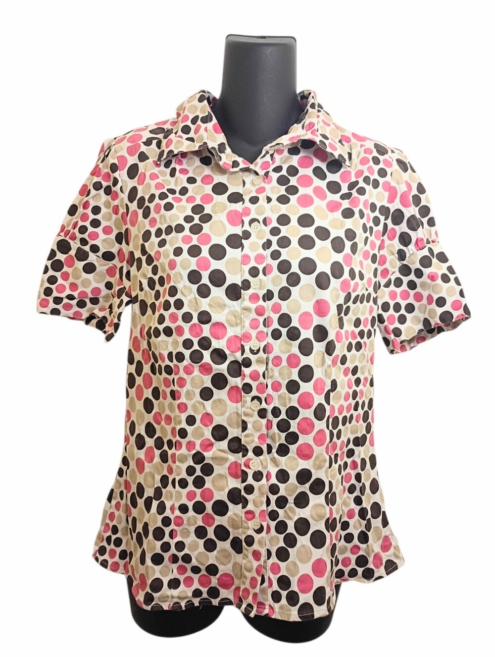 Shirt Size Medium Polka Dot Button-Front Shirt - Pink, Brown, Cream Short Sleeve